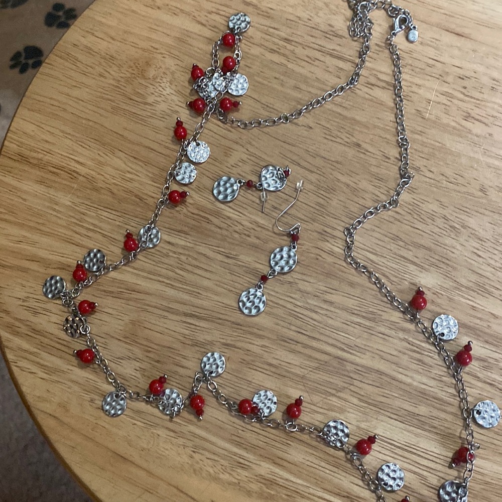 Long red beaded necklace & earrings